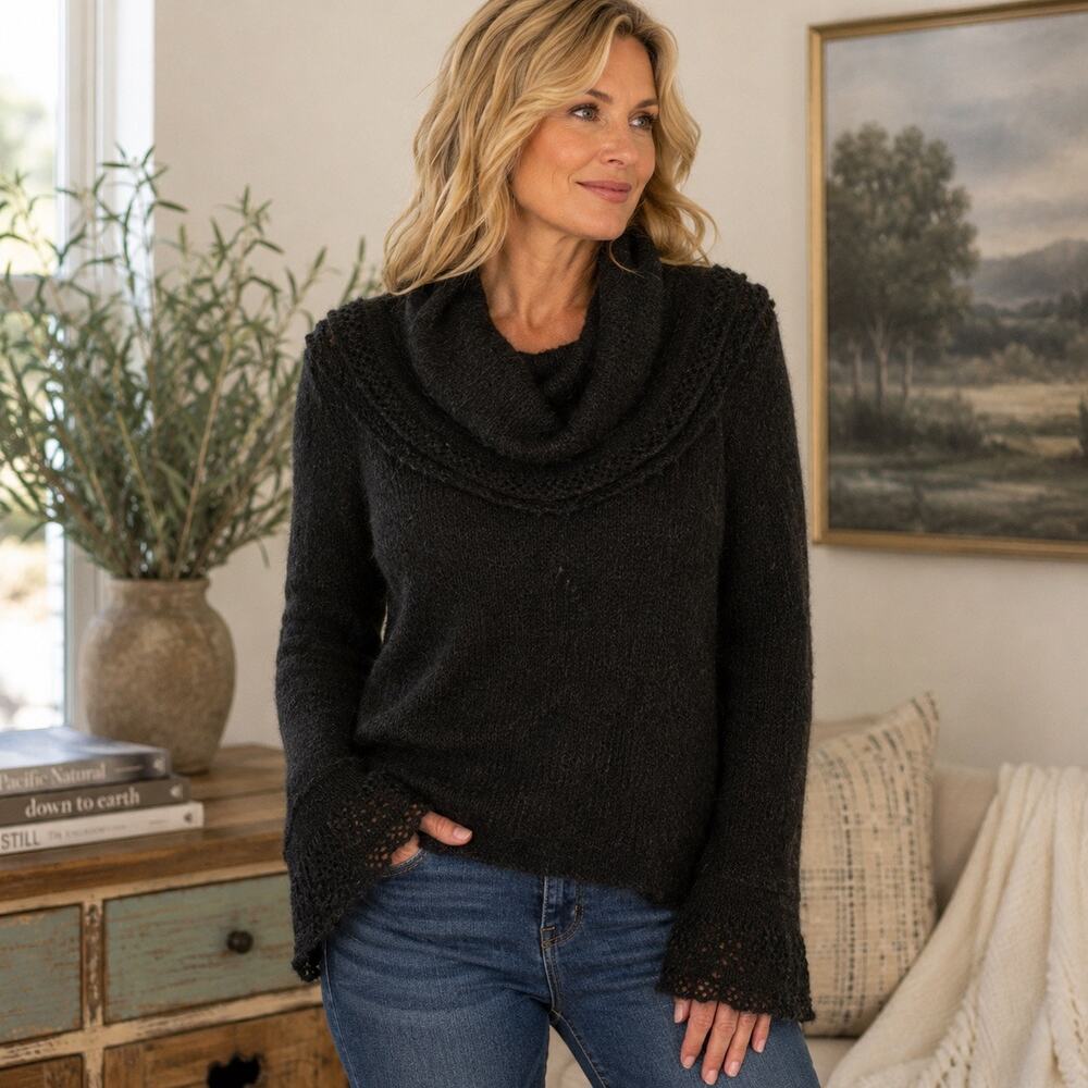 CJW Fuzzy Mohair Blend Cowl Neck Knit Sweater Bell Cuffs Sz PL Romantic Boho
